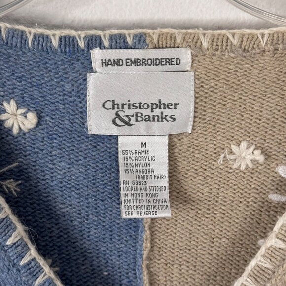 Christopher & Banks Angora Snowflake Embroidered Cardigan Blue Beige White M EUC - Picture 6 of 9